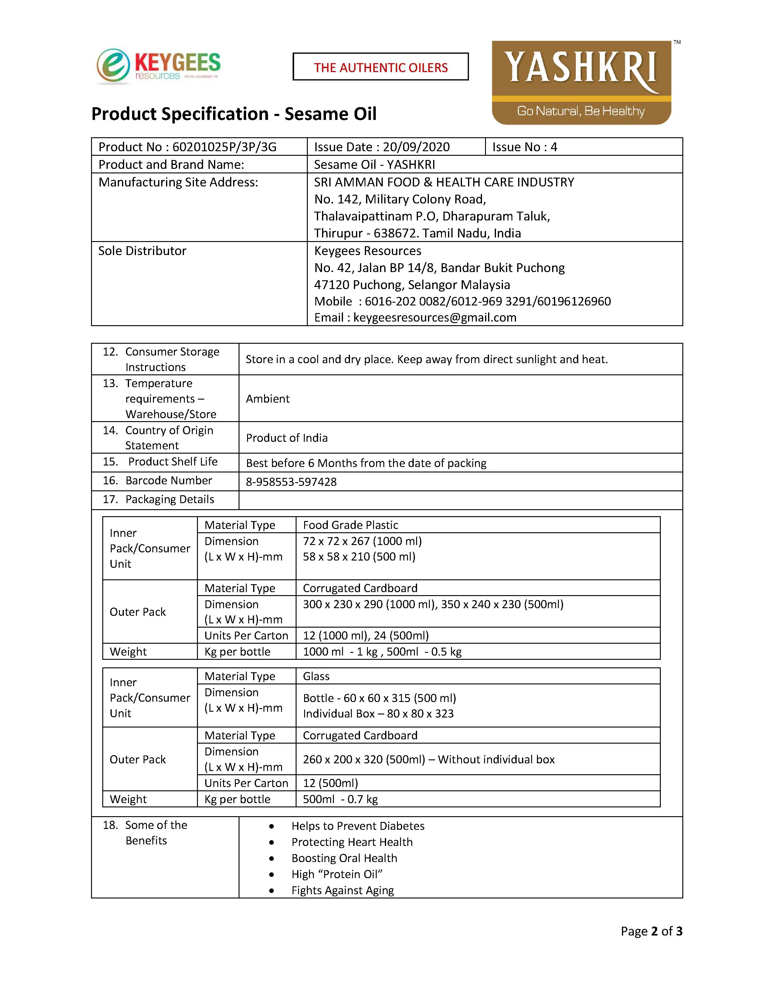 Yashkri - Virgin Gingelly / Sesame Oil (500ml Glass Bottle) - Image 5