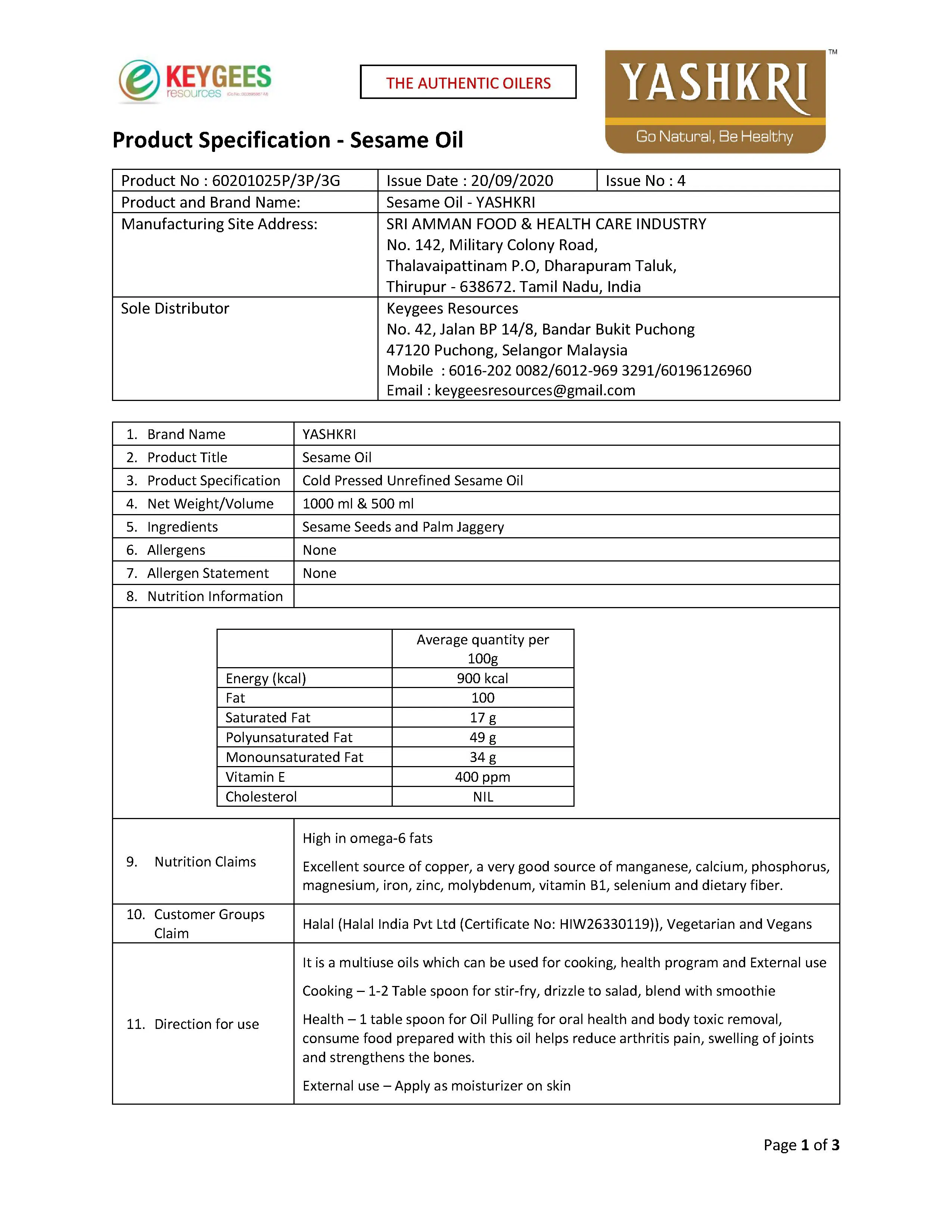 Yashkri - Virgin Gingelly / Sesame Oil (500ml Glass Bottle) - Image 4